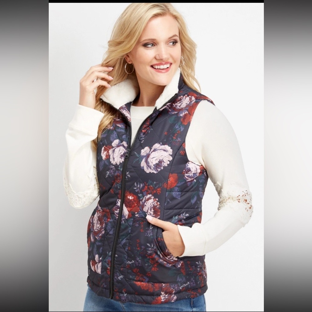 Maurices Floral Quilted Sherpa Lined Puffer Vest Plus Size 2X Zip Front